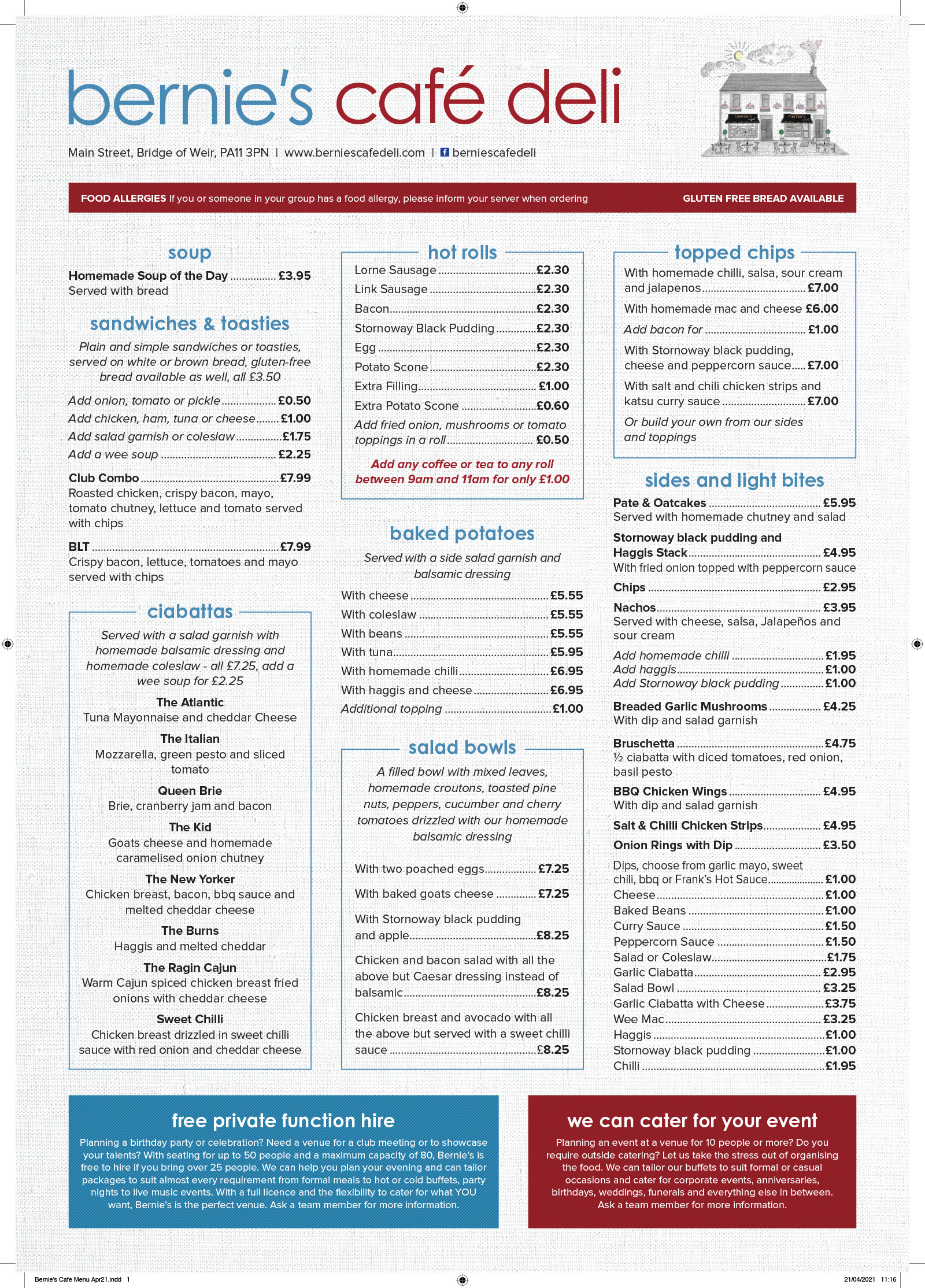 Bernies Cafe Deli Bridge of Weir Menu