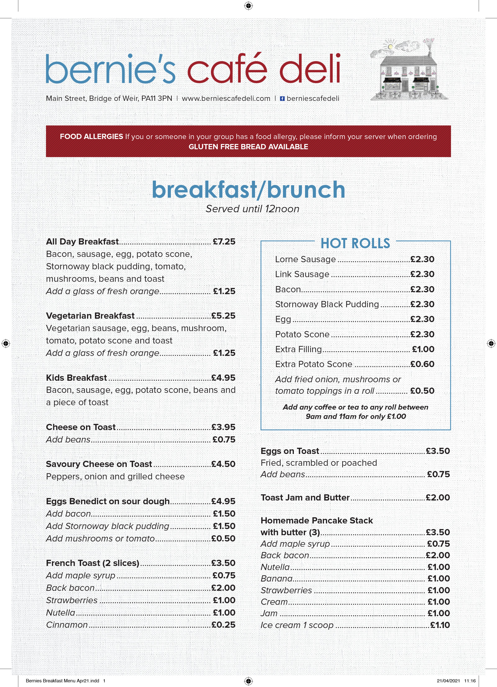 Bernies Cafe Deli Bridge of Weir Breakfast Menu