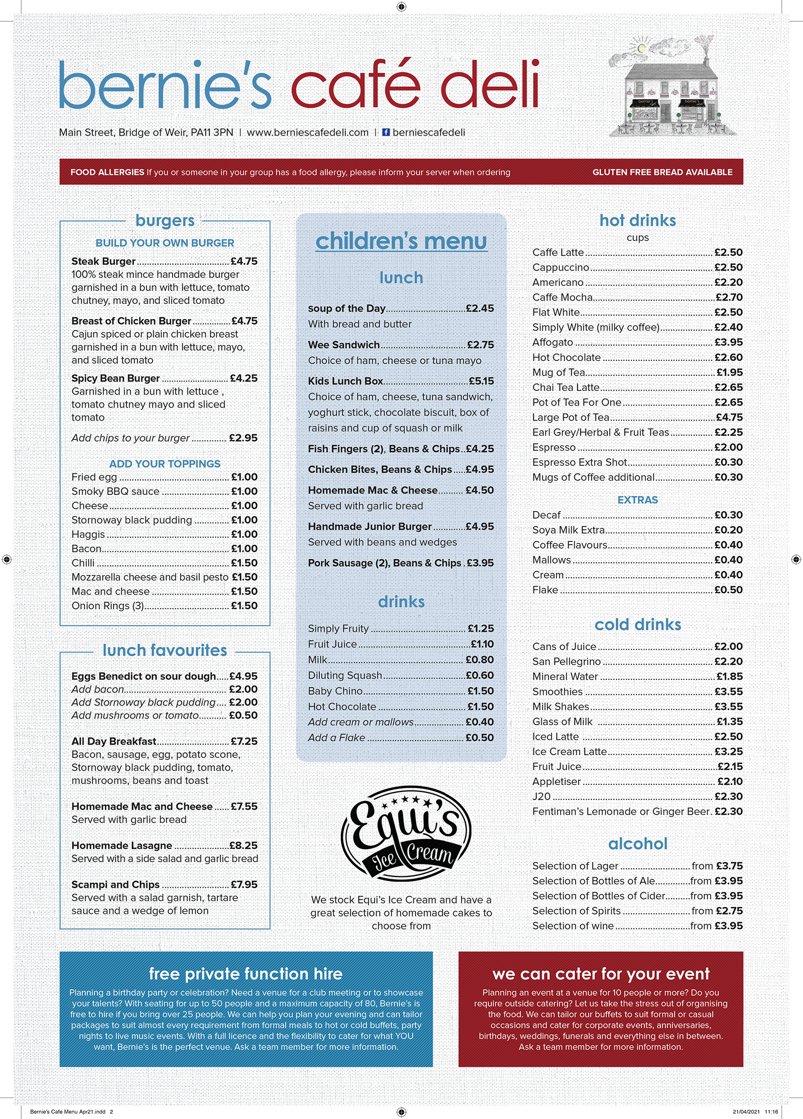 Bernies Cafe Deli Bridge of Weir Menu