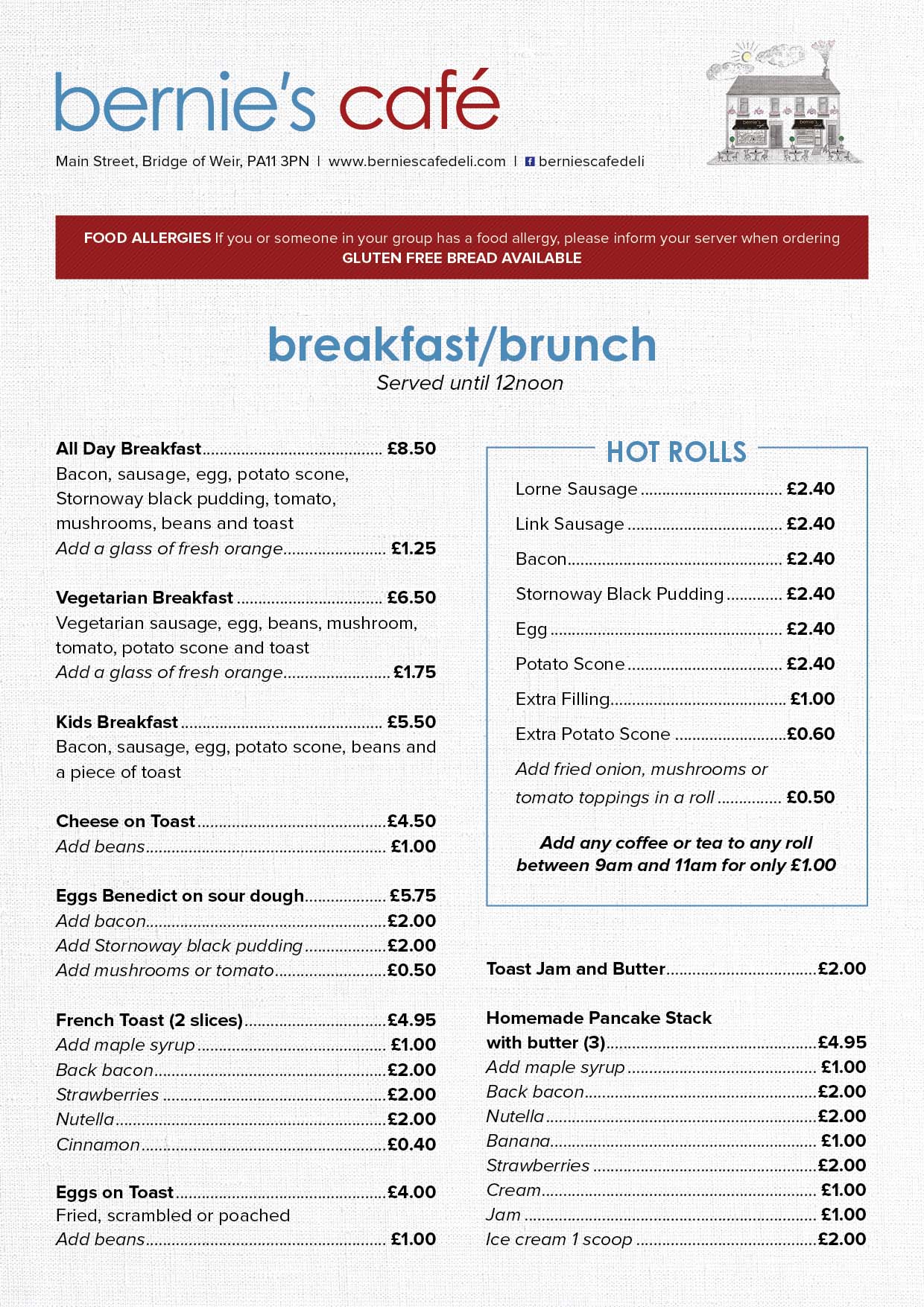 Bernies Cafe Deli Bridge of Weir Breakfast Menu