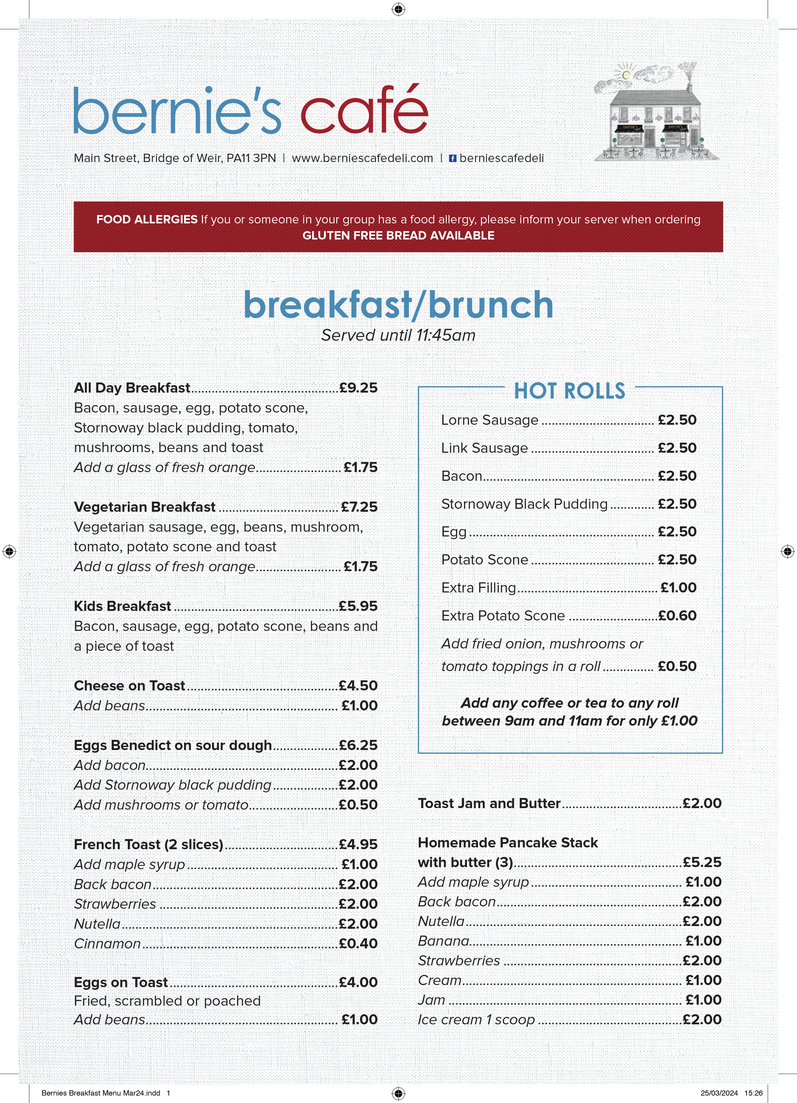 Bernies Cafe Deli Bridge of Weir Breakfast Menu