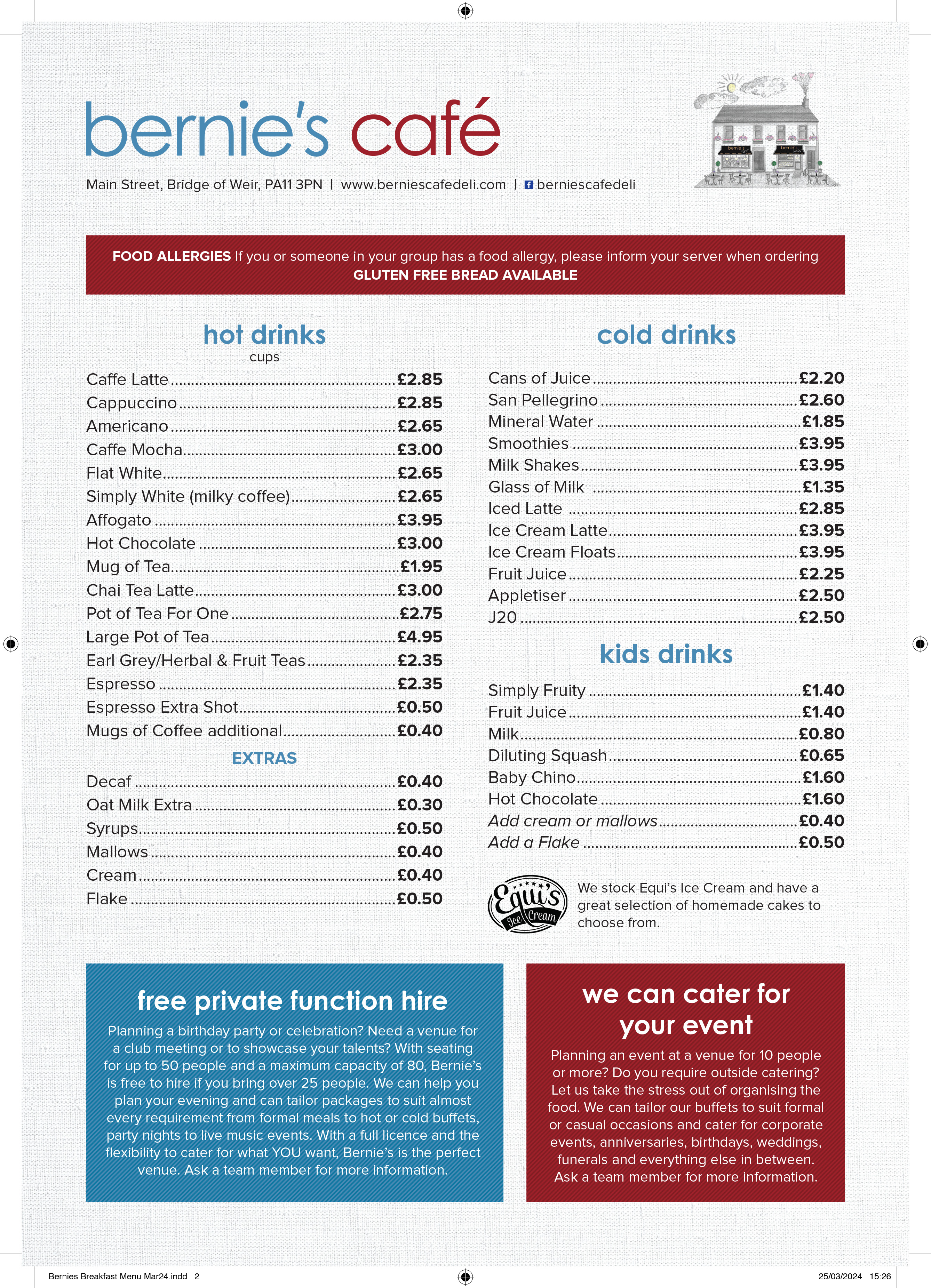 Bernies Cafe Deli Bridge of Weir Breakfast Menu